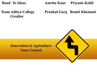 Road  To Ideas Team Aditya College           Gwalior Amrita KaurPriyankKohli PrankulGargRomitKhemani Innovation in AgricultureNano Ganesh 