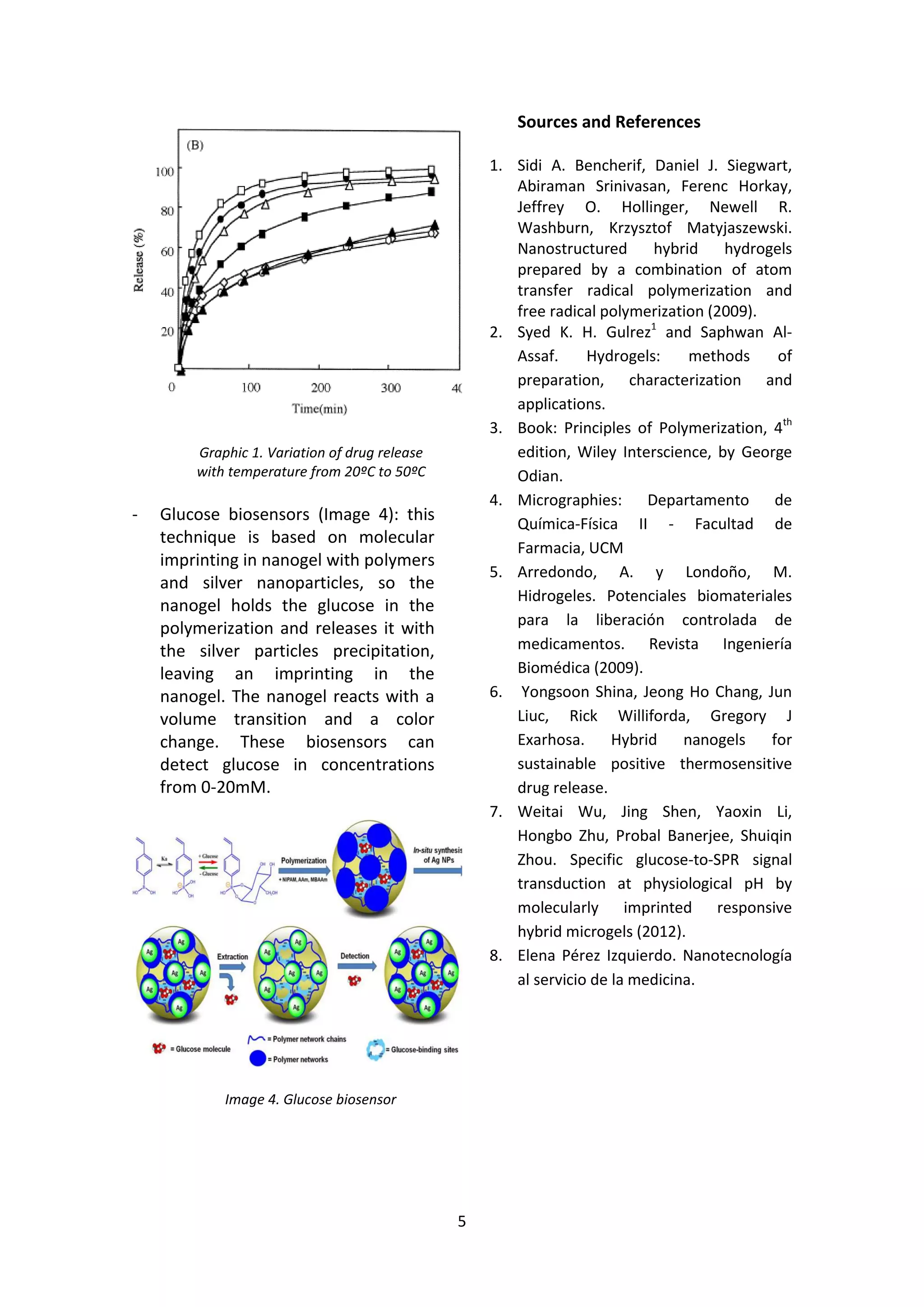 5
Graphic 1. Variation of drug release
with temperature from 20ºC to 50ºC
- Glucose biosensors (Image 4): this
technique is based on molecular
imprinting in nanogel with polymers
and silver nanoparticles, so the
nanogel holds the glucose in the
polymerization and releases it with
the silver particles precipitation,
leaving an imprinting in the
nanogel. The nanogel reacts with a
volume transition and a color
change. These biosensors can
detect glucose in concentrations
from 0-20mM.
Image 4. Glucose biosensor
Sources and References
1. Sidi A. Bencherif, Daniel J. Siegwart,
Abiraman Srinivasan, Ferenc Horkay,
Jeffrey O. Hollinger, Newell R.
Washburn, Krzysztof Matyjaszewski.
Nanostructured hybrid hydrogels
prepared by a combination of atom
transfer radical polymerization and
free radical polymerization (2009).
2. Syed K. H. Gulrez1
and Saphwan Al-
Assaf. Hydrogels: methods of
preparation, characterization and
applications.
3. Book: Principles of Polymerization, 4th
edition, Wiley Interscience, by George
Odian.
4. Micrographies: Departamento de
Química-Física II - Facultad de
Farmacia, UCM
5. Arredondo, A. y Londoño, M.
Hidrogeles. Potenciales biomateriales
para la liberación controlada de
medicamentos. Revista Ingeniería
Biomédica (2009).
6. Yongsoon Shina, Jeong Ho Chang, Jun
Liuc, Rick Williforda, Gregory J
Exarhosa. Hybrid nanogels for
sustainable positive thermosensitive
drug release.
7. Weitai Wu, Jing Shen, Yaoxin Li,
Hongbo Zhu, Probal Banerjee, Shuiqin
Zhou. Specific glucose-to-SPR signal
transduction at physiological pH by
molecularly imprinted responsive
hybrid microgels (2012).
8. Elena Pérez Izquierdo. Nanotecnología
al servicio de la medicina.
 