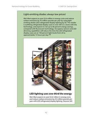 Nanotechnology for Green Building © 2007 Dr. George Elvin
42
Light-emitting diodes: always low prices!
Wal–Mart expects to save $2.6 million in energy costs and reduce
carbon emissions by 35 million pounds per year by using light-
emitting diode (LED) refrigerated display lighting by GE. The retailer
is outfitting refrigerated display cases in over 500 U.S. stores with the
technology, and expects to net up to 66 percent energy savings,
compared with fluorescent technology. Occupancy sensors and LED
dimming capabilities will reduce the time the LED refrigerated
display cases are at 100 percent light levels from 24 to
approximately 15 hours per day.110
LED lighting uses one-third the energy
Wal–Mart expects to save $2.6 million in energy costs
and reduce carbon emissions by 35 million pounds per
year with LED refrigerated display lighting. (Source: GE)
 