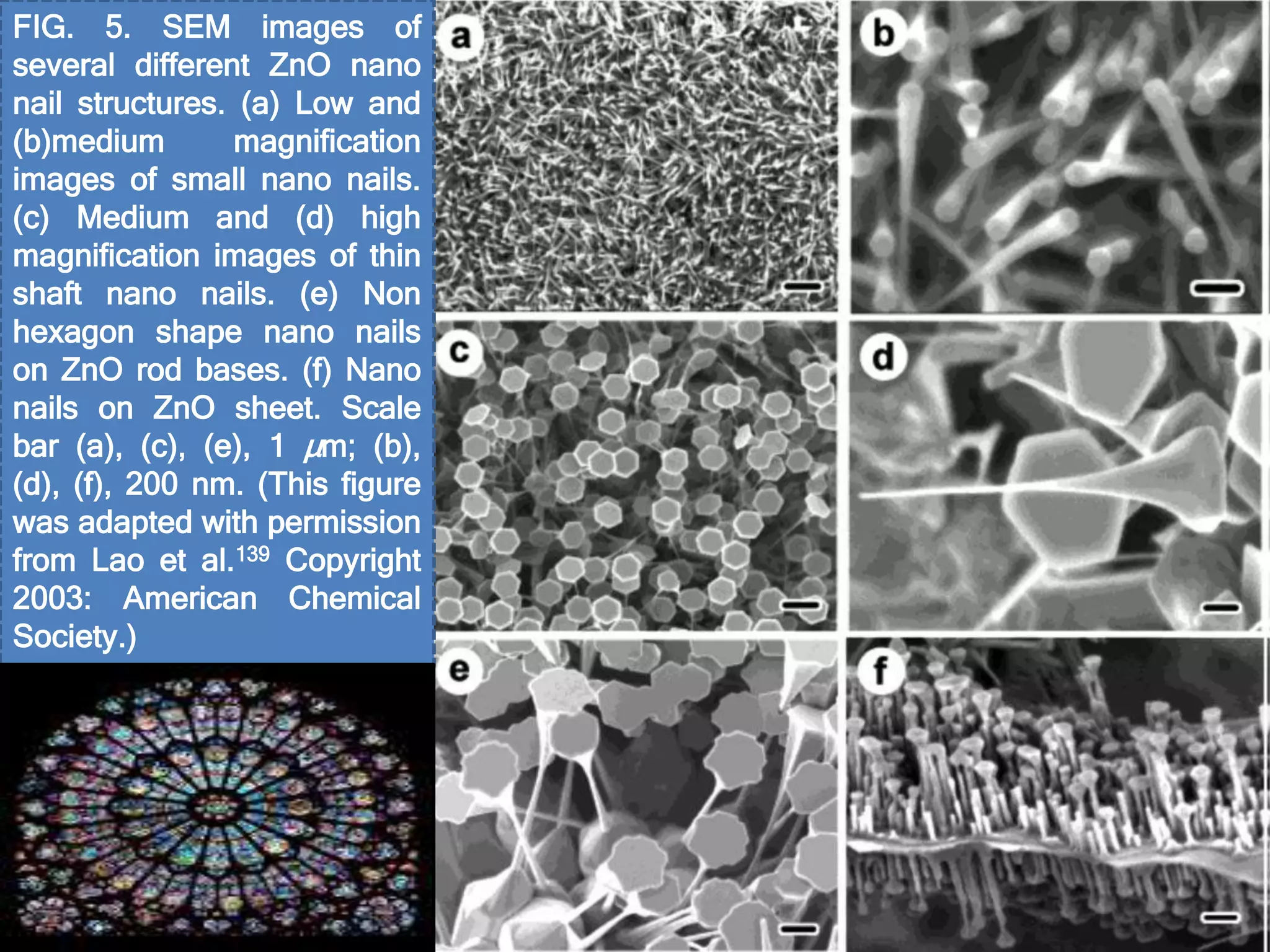 FIG. 5. SEM images of
several different ZnO nano
nail structures. (a) Low and
(b)medium magnification
images of small nano nails.
(c) Medium and (d) high
magnification images of thin
shaft nano nails. (e) Non
hexagon shape nano nails
on ZnO rod bases. (f) Nano
nails on ZnO sheet. Scale
bar (a), (c), (e), 1 μm; (b),
(d), (f), 200 nm. (This figure
was adapted with permission
from Lao et al.139 Copyright
2003: American Chemical
Society.)
 
