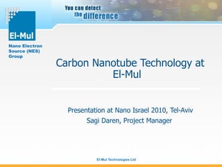 Carbon Nanotube Technology at El-Mul  Presentation at Nano Israel 2010, Tel-Aviv Sagi Daren, Project Manager  