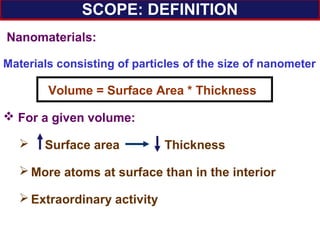 Nanomaterials:
Materials consisting of particles of the size of nanometer
Volume = Surface Area * Thickness
 For a given volume:
 Surface area Thickness
 More atoms at surface than in the interior
 Extraordinary activity
SCOPE: DEFINITION
 
