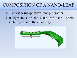 COMPOSITION OF A NANO-LEAF
 Consist Nano-photovoltaic generators.
If light falls on the Nano-leaf, then photo
voltaic produces the electricity.
 