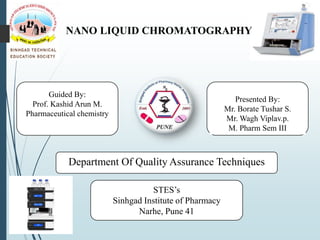 1 NANO LIQUID CHROMATOGRAPHY
PRESENTED BY:
Mr. BORATE TUSHAR S.
Guided By:
Prof. Kashid Arun M.
Pharmaceutical chemistry
Presented By:
Mr. Borate Tushar S.
Mr. Wagh Viplav.p.
M. Pharm Sem III
Department Of Quality Assurance Techniques
STES’s
Sinhgad Institute of Pharmacy
Narhe, Pune 41
 