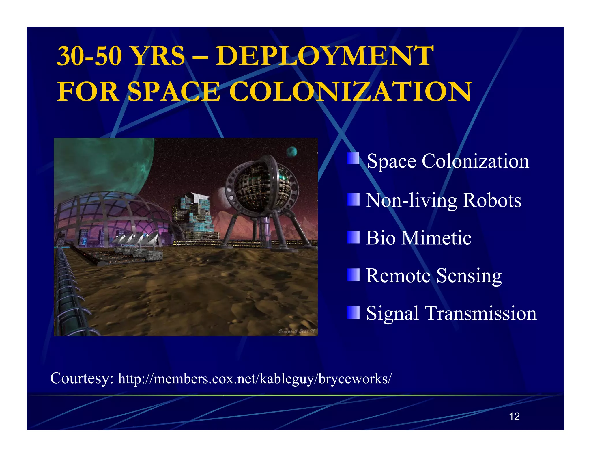 Space Colonization 
Non-living Robots 
Bio Mimetic 
Remote Sensing 
Signal Transmission 
12 
30-50 YRS – DEPLOYMENT 
FOR SPACE COLONIZATION 
Courtesy: http://members.cox.net/kableguy/bryceworks/ 
 