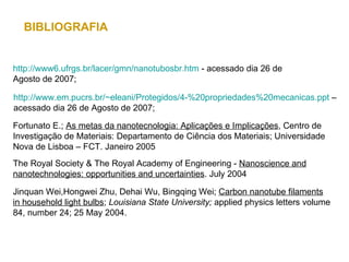 BIBLIOGRAFIA


http://www6.ufrgs.br/lacer/gmn/nanotubosbr.htm - acessado dia 26 de
Agosto de 2007;

http://www.em.pucrs.br/~eleani/Protegidos/4-%20propriedades%20mecanicas.ppt –
acessado dia 26 de Agosto de 2007;

Fortunato E.; As metas da nanotecnologia: Aplicações e Implicações, Centro de
Investigação de Materiais: Departamento de Ciência dos Materiais; Universidade
Nova de Lisboa – FCT. Janeiro 2005
The Royal Society & The Royal Academy of Engineering - Nanoscience and
nanotechnologies: opportunities and uncertainties. July 2004

Jinquan Wei,Hongwei Zhu, Dehai Wu, Bingqing Wei; Carbon nanotube filaments
in household light bulbs; Louisiana State University; applied physics letters volume
84, number 24; 25 May 2004.
 