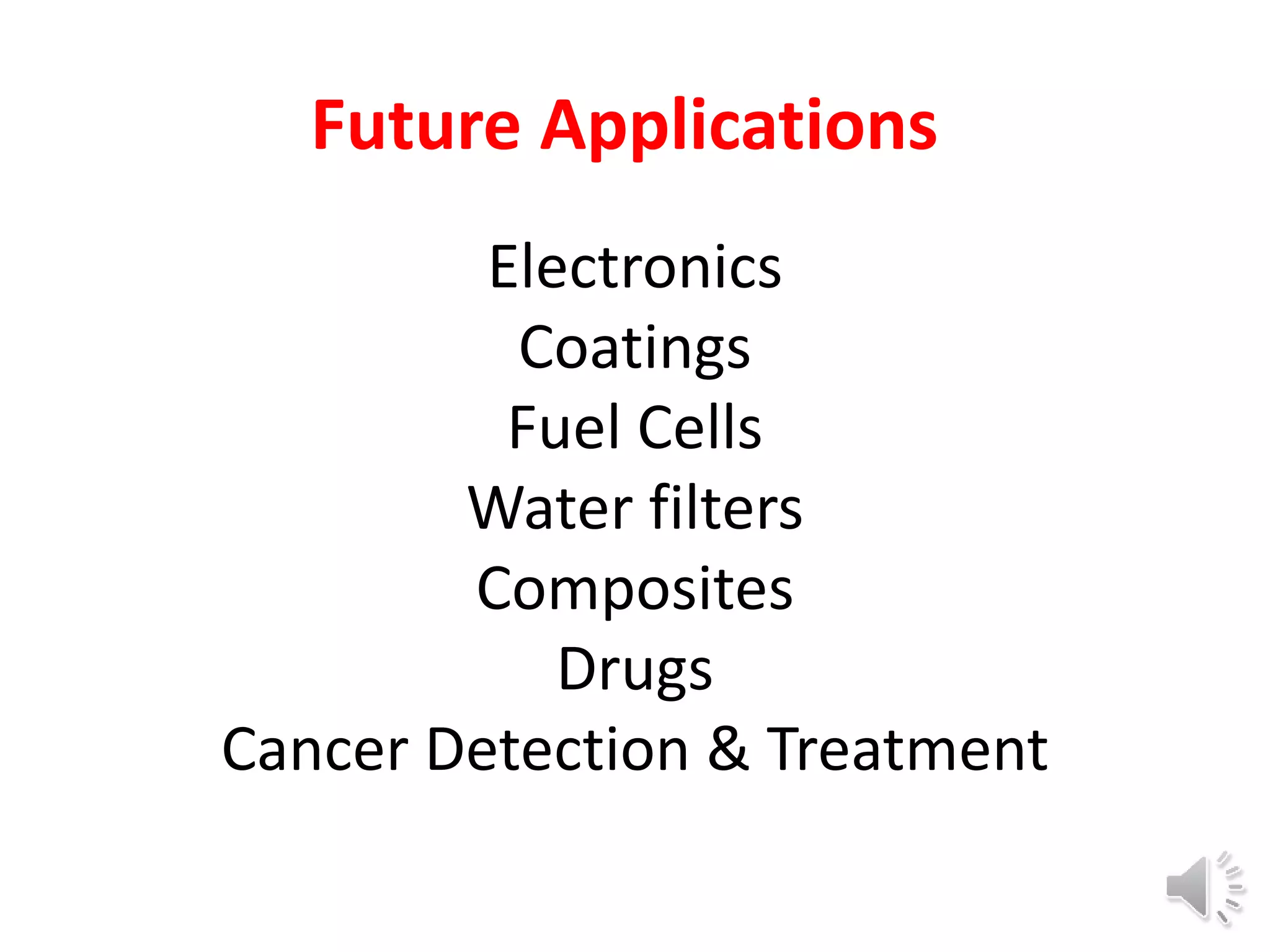 Future Applications
Electronics
Coatings
Fuel Cells
Water filters
Composites
Drugs
Cancer Detection & Treatment
 