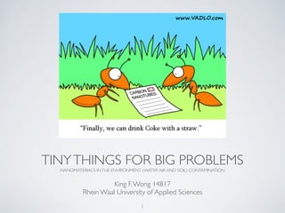 TINYTHINGS FOR BIG PROBLEMS
NANOMATERIAL’S INTHE ENVIRONMENT (WATER AIR AND SOIL) CONTAMINATION
King F.Wong 14817
Rhein Waal University of Applied Sciences
1
 