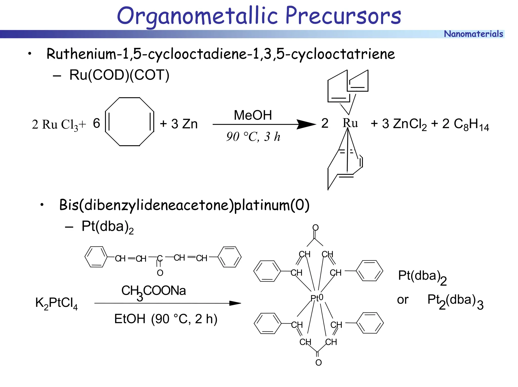 Nanomaterials
Organometallic Precursors
• Ruthenium-1,5-cyclooctadiene-1,3,5-cyclooctatriene
– Ru(COD)(COT)
2 Ru Cl3+ Ru
90 °C, 3 h
6 + 3 ZnCl2 + 2 C8H14
+ 3 Zn 2
MeOH
• Bis(dibenzylideneacetone)platinum(0)
– Pt(dba)2
CH
CH CH
CH
Pt0
CH CH
CH
O
CH
O
CH CH C
O
CH CH
CH
3COONa
EtOH (90 °C, 2 h)
Pt(dba)2
or Pt2(dba)3
K2PtCl4
 