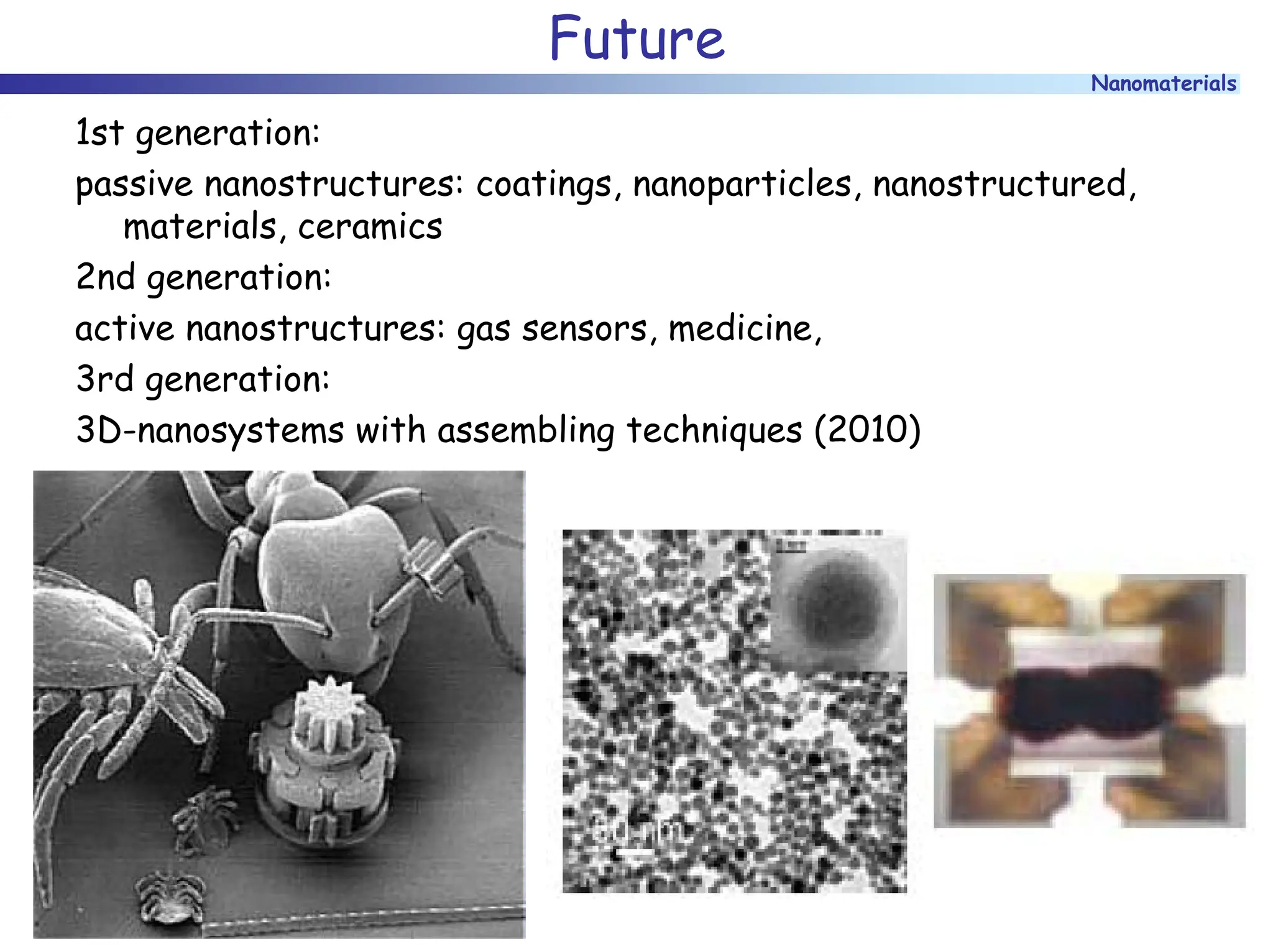 Nanomaterials
Future
1st generation:
passive nanostructures: coatings, nanoparticles, nanostructured,
materials, ceramics
2nd generation:
active nanostructures: gas sensors, medicine,
3rd generation:
3D-nanosystems with assembling techniques (2010)
 
