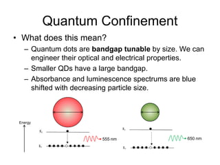 Quantum Confinement
• What does this mean?
– Quantum dots are bandgap tunable by size. We can
engineer their optical and electrical properties.
– Smaller QDs have a large bandgap.
– Absorbance and luminescence spectrums are blue
shifted with decreasing particle size.
Energy
650 nm555 nm
 