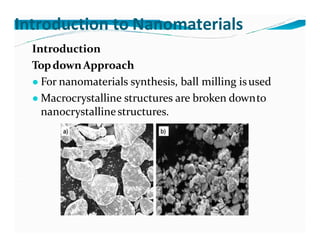 Introduction to Nanomaterials
Introduction
TopdownApproach
● For nanomaterials synthesis, ball milling isused
● Macrocrystalline structures are broken downto
nanocrystallinestructures.
 