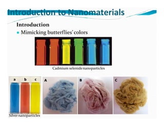 Introduction
● Mimicking butterflies’colors
Introduction to Nanomaterials
Cadmium selenidenanoparticles
Silvernanoparticles
 