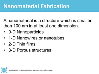 Seattle’s Hub for Industry-Driven Nanotechnology Education
Nanomaterial Fabrication
A nanomaterial is a structure which is smaller
than 100 nm in at least one dimension.
• 0-D Nanoparticles
• 1-D Nanowires or nanotubes
• 2-D Thin films
• 3-D Porous structures
 