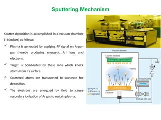 Sputtering Mechanism
Sputter deposition is accomplished in a vacuum chamber
(~10mTorr) as follows:
 Plasma is generated by applying RF signal on Argon
gas thereby producing energetic Ar+
ions and
electrons.
 Target is bombarded by these ions which knock
atoms from its surface.
 Sputtered atoms are transported to substrate for
deposition.
 The electrons are energized by field to cause
secondary ionization of Ar gas to sustain plasma.
 