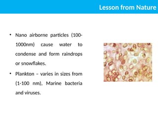 • Nano airborne particles (100-
1000nm) cause water to
condense and form raindrops
or snowflakes.
• Plankton – varies in sizes from
(1-100 nm), Marine bacteria
and viruses.
Lesson from Nature
 