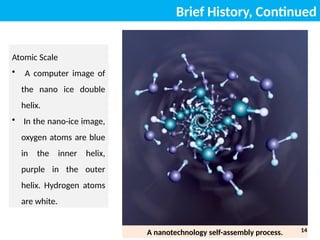 Brief History, Continued
Atomic Scale
• A computer image of
the nano ice double
helix.
• In the nano-ice image,
oxygen atoms are blue
in the inner helix,
purple in the outer
helix. Hydrogen atoms
are white.
A nanotechnology self-assembly process. 14
 