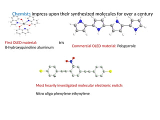 Chemists impress upon their synthesized molecules for over a century
First OLED material: tris
8-hydroxyquinoline aluminum
Most heavily investigated molecular electronic switch:
Nitro oligo phenylene ethynylene
Commercial OLED material: Polypyrrole
 