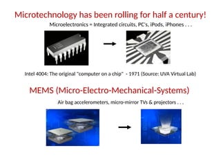 Microtechnology has been rolling for half a century!
Microelectronics = Integrated circuits, PC's, iPods, iPhones . . .
Intel 4004: The original "computer on a chip" - 1971 (Source: UVA Virtual Lab)
MEMS (Micro-Electro-Mechanical-Systems)
Air bag accelerometers, micro-mirror TVs & projectors . . .
 
