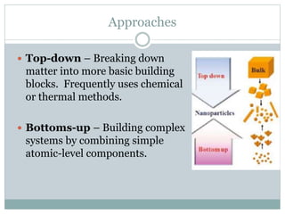 Approaches
 Top-down – Breaking down
matter into more basic building
blocks. Frequently uses chemical
or thermal methods.
 Bottoms-up – Building complex
systems by combining simple
atomic-level components.
 