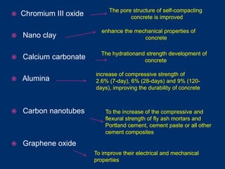  Chromium III oxide
 Nano clay
 Calcium carbonate
 Alumina
 Carbon nanotubes
 Graphene oxide
enhance the mechanical properties of
concrete
The hydrationand strength development of
concrete
The pore structure of self-compacting
concrete is improved
increase of compressive strength of
2.6% (7-day), 6% (28-days) and 9% (120-
days), improving the durability of concrete
To the increase of the compressive and
flexural strength of fly ash mortars and
Portland cement, cement paste or all other
cement composites
To improve their electrical and mechanical
properties
 