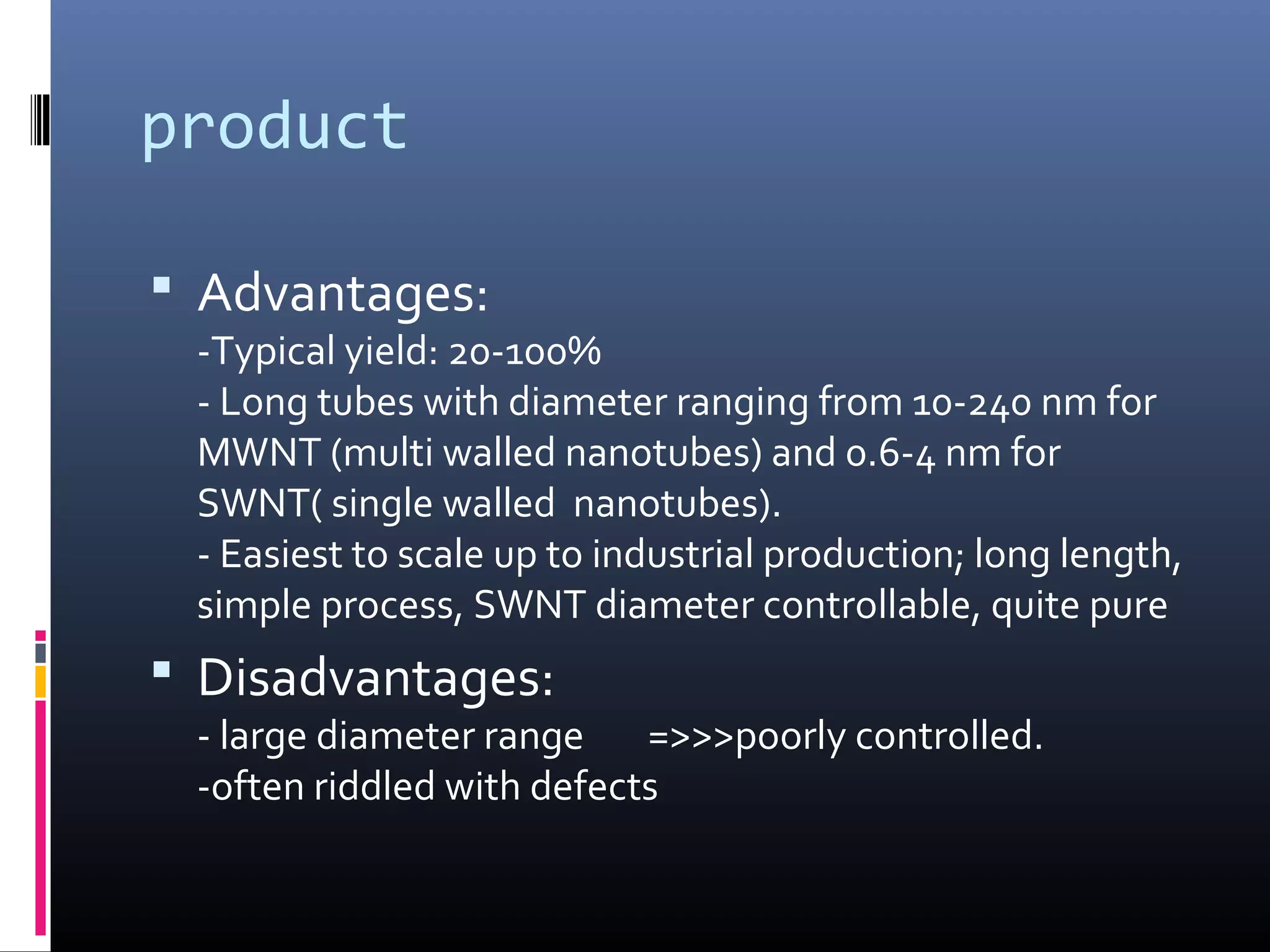product

 Advantages:
 -Typical yield: 20-100%
 - Long tubes with diameter ranging from 10-240 nm for
 MWNT (multi walled nanotubes) and 0.6-4 nm for
 SWNT( single walled nanotubes).
 - Easiest to scale up to industrial production; long length,
 simple process, SWNT diameter controllable, quite pure
 Disadvantages:
 - large diameter range    =>>>poorly controlled.
 -often riddled with defects
 