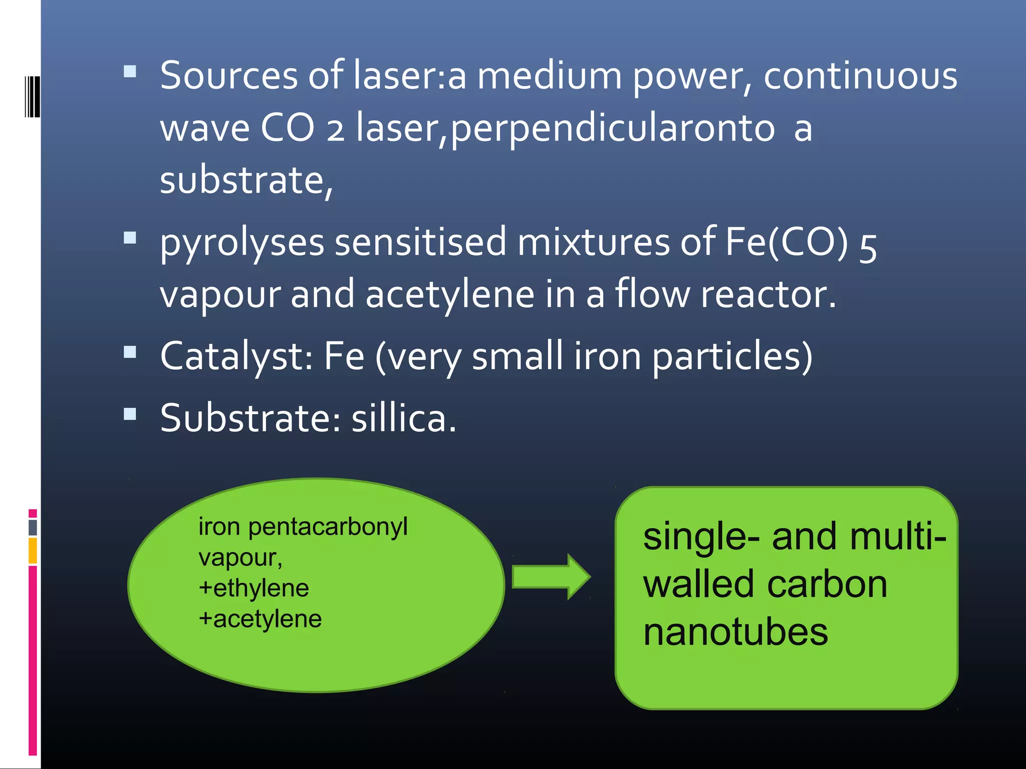  Sources of laser:a medium power, continuous
  wave CO 2 laser,perpendicularonto a
  substrate,
 pyrolyses sensitised mixtures of Fe(CO) 5
  vapour and acetylene in a flow reactor.
 Catalyst: Fe (very small iron particles)
 Substrate: sillica.

    iron pentacarbonyl
    vapour,
                             single- and multi-
    +ethylene                walled carbon
    +acetylene
                             nanotubes
 