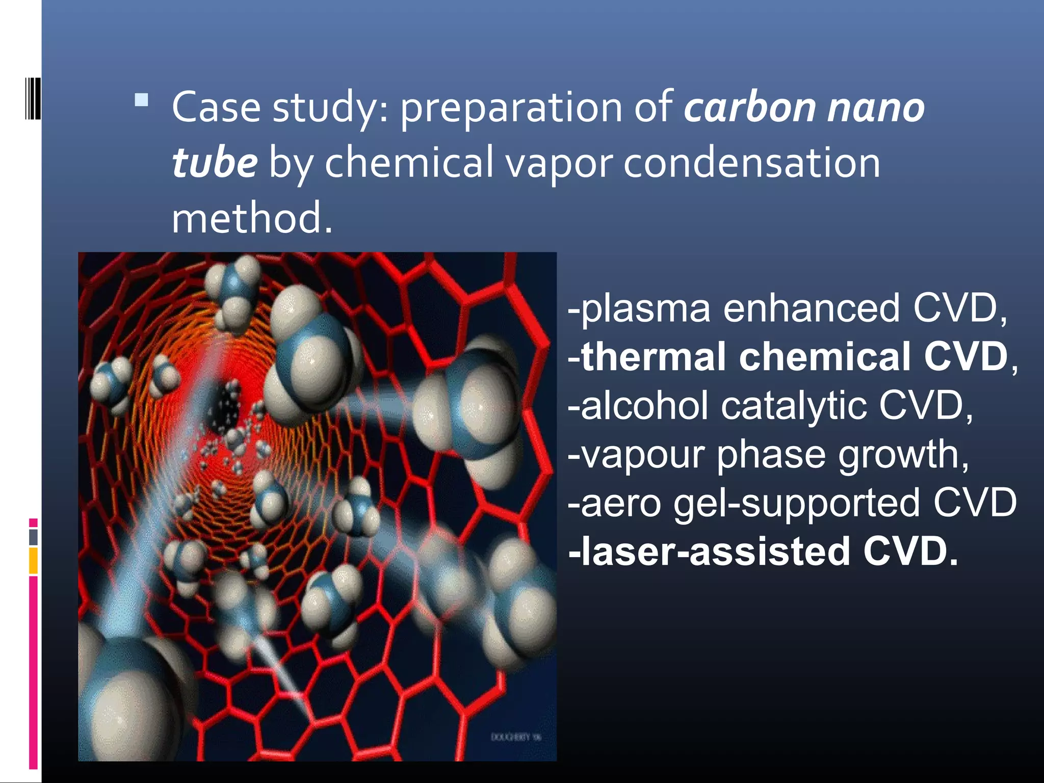  Case study: preparation of carbon nano
 tube by chemical vapor condensation
 method.
                     -plasma enhanced CVD,
                     -thermal chemical CVD,
                     -alcohol catalytic CVD,
                     -vapour phase growth,
                     -aero gel-supported CVD
                     -laser-assisted CVD.
 