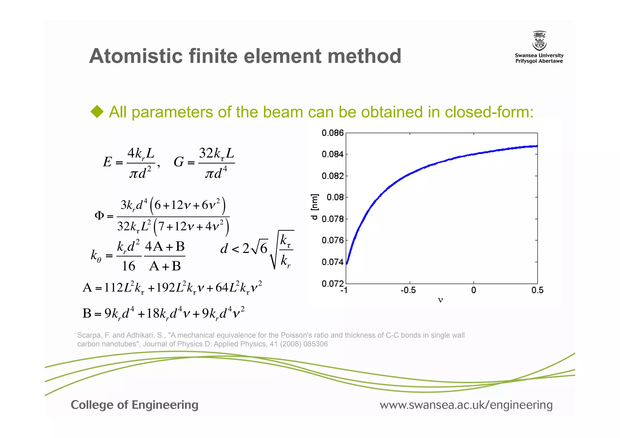 Atomistic finite element method

   u  All parameters of the beam can be obtained in closed-form:

               4kr L      32kτ L
       E=            , G=
               πd2         πd4

             3kr d 4 ( 6 +12ν + 6ν 2 )
     Φ=
            32kτ L2 ( 7 +12ν + 4ν 2 )
         kr d 2 4Α + Β                                        kτ
    kθ =                                    d<2 6
          16 Α + Β                                            kr
 Α = 112L2 kτ +192L2 kτ ν + 64L2 kτ ν 2
 Β = 9kr d 4 +18kr d 4ν + 9kr d 4ν 2
Scarpa, F. and Adhikari, S., "A mechanical equivalence for the Poisson's ratio and thickness of C-C bonds in single wall
carbon nanotubes", Journal of Physics D: Applied Physics, 41 (2008) 085306
 