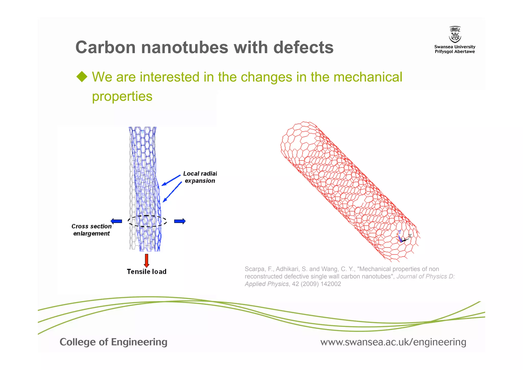 Carbon nanotubes with defects
u  We are interested in the changes in the mechanical
    properties




                             Scarpa, F., Adhikari, S. and Wang, C. Y., "Mechanical properties of non
                             reconstructed defective single wall carbon nanotubes", Journal of Physics D:
                             Applied Physics, 42 (2009) 142002
                         !
 