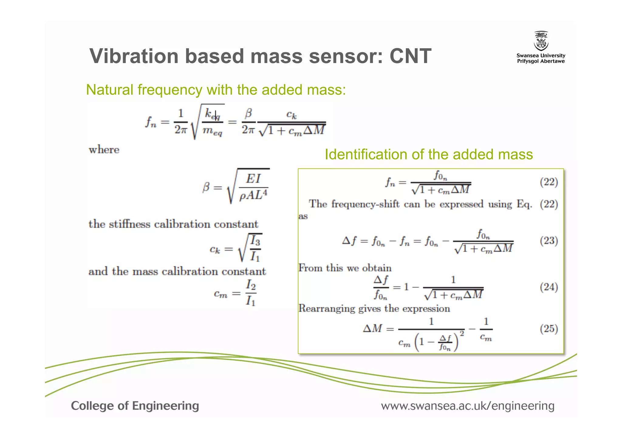 Vibration based mass sensor: CNT
Natural frequency with the added mass:



                                  Identification of the added mass
 