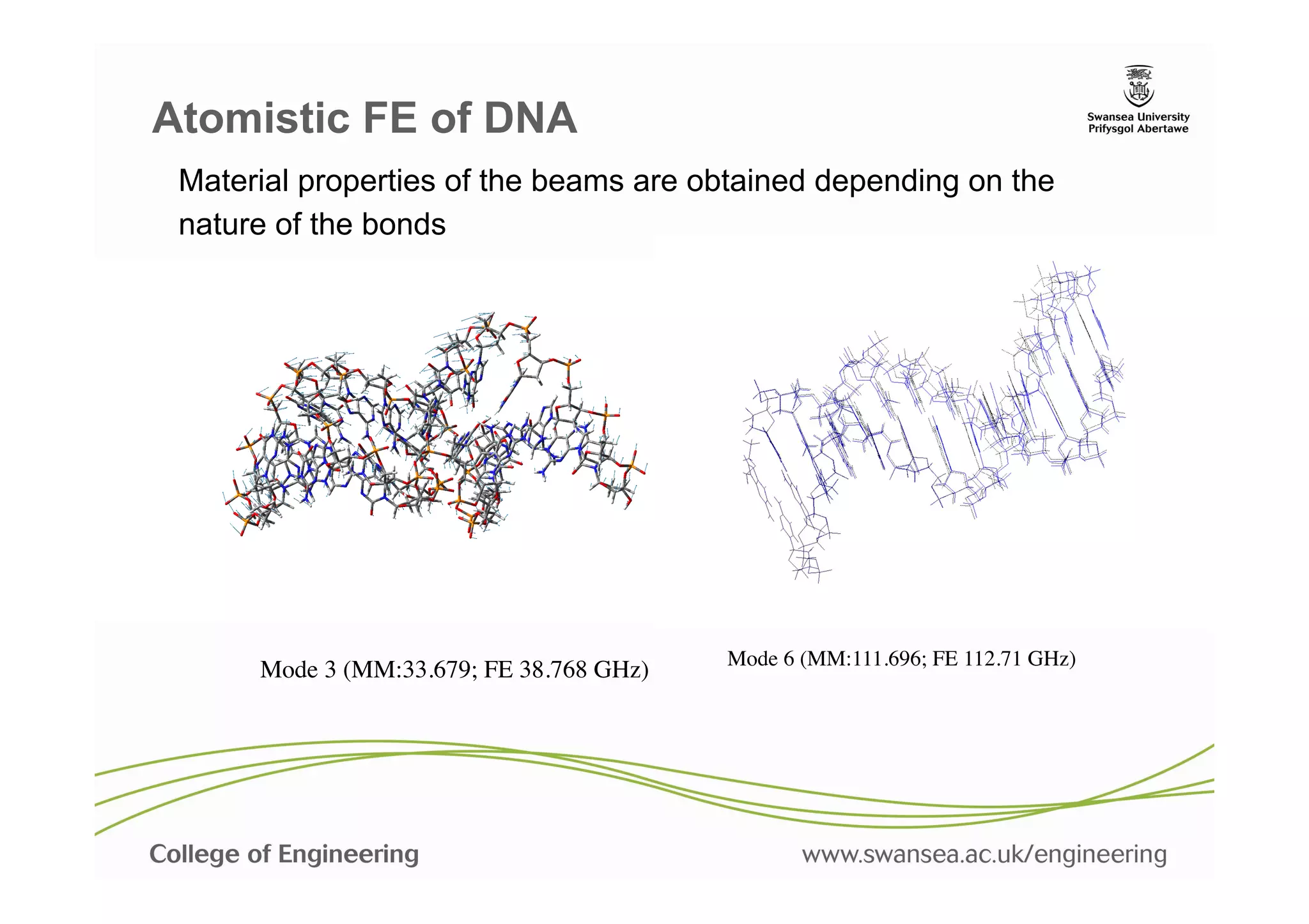 Atomistic FE of DNA
 Material properties of the beams are obtained depending on the
 nature of the bonds




                                             Mode 6 (MM:111.696; FE 112.71 GHz)	

      Mode 3 (MM:33.679; FE 38.768 GHz)	

 