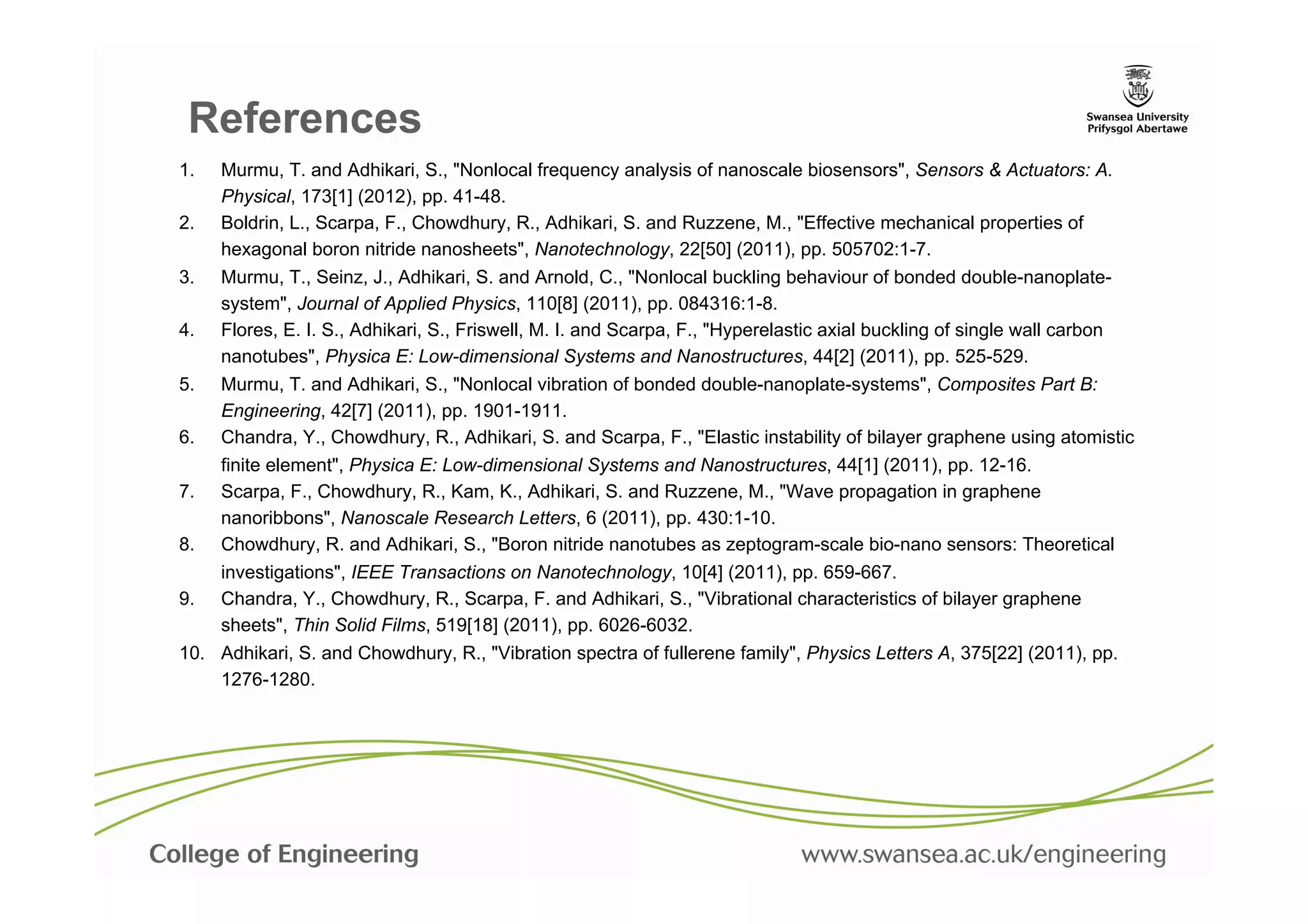 References
1.   Murmu, T. and Adhikari, S., "Nonlocal frequency analysis of nanoscale biosensors", Sensors & Actuators: A.
     Physical, 173[1] (2012), pp. 41-48.
2.  Boldrin, L., Scarpa, F., Chowdhury, R., Adhikari, S. and Ruzzene, M., "Effective mechanical properties of
     hexagonal boron nitride nanosheets", Nanotechnology, 22[50] (2011), pp. 505702:1-7.
3.  Murmu, T., Seinz, J., Adhikari, S. and Arnold, C., "Nonlocal buckling behaviour of bonded double-nanoplate-
     system", Journal of Applied Physics, 110[8] (2011), pp. 084316:1-8.
4.  Flores, E. I. S., Adhikari, S., Friswell, M. I. and Scarpa, F., "Hyperelastic axial buckling of single wall carbon
     nanotubes", Physica E: Low-dimensional Systems and Nanostructures, 44[2] (2011), pp. 525-529.
5.  Murmu, T. and Adhikari, S., "Nonlocal vibration of bonded double-nanoplate-systems", Composites Part B:
     Engineering, 42[7] (2011), pp. 1901-1911.
6.  Chandra, Y., Chowdhury, R., Adhikari, S. and Scarpa, F., "Elastic instability of bilayer graphene using atomistic
     finite element", Physica E: Low-dimensional Systems and Nanostructures, 44[1] (2011), pp. 12-16.	
  
7.  Scarpa, F., Chowdhury, R., Kam, K., Adhikari, S. and Ruzzene, M., "Wave propagation in graphene
     nanoribbons", Nanoscale Research Letters, 6 (2011), pp. 430:1-10.	
  
8.  Chowdhury, R. and Adhikari, S., "Boron nitride nanotubes as zeptogram-scale bio-nano sensors: Theoretical
     investigations", IEEE Transactions on Nanotechnology, 10[4] (2011), pp. 659-667.	
  
9.  Chandra, Y., Chowdhury, R., Scarpa, F. and Adhikari, S., "Vibrational characteristics of bilayer graphene
     sheets", Thin Solid Films, 519[18] (2011), pp. 6026-6032.	
  
10.  Adhikari, S. and Chowdhury, R., "Vibration spectra of fullerene family", Physics Letters A, 375[22] (2011), pp.
     1276-1280.	
  
 
