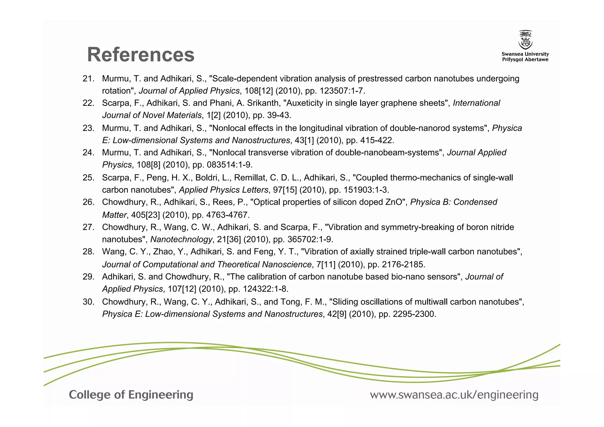 References
21.  Murmu, T. and Adhikari, S., "Scale-dependent vibration analysis of prestressed carbon nanotubes undergoing
     rotation", Journal of Applied Physics, 108[12] (2010), pp. 123507:1-7.	
  
22.  Scarpa, F., Adhikari, S. and Phani, A. Srikanth, "Auxeticity in single layer graphene sheets", International
     Journal of Novel Materials, 1[2] (2010), pp. 39-43.	
  
23.  Murmu, T. and Adhikari, S., "Nonlocal effects in the longitudinal vibration of double-nanorod systems", Physica
     E: Low-dimensional Systems and Nanostructures, 43[1] (2010), pp. 415-422.	
  
24.  Murmu, T. and Adhikari, S., "Nonlocal transverse vibration of double-nanobeam-systems", Journal Applied
     Physics, 108[8] (2010), pp. 083514:1-9.	
  
25.  Scarpa, F., Peng, H. X., Boldri, L., Remillat, C. D. L., Adhikari, S., "Coupled thermo-mechanics of single-wall
     carbon nanotubes", Applied Physics Letters, 97[15] (2010), pp. 151903:1-3.	
  
26.  Chowdhury, R., Adhikari, S., Rees, P., "Optical properties of silicon doped ZnO", Physica B: Condensed
     Matter, 405[23] (2010), pp. 4763-4767.	
  
27.  Chowdhury, R., Wang, C. W., Adhikari, S. and Scarpa, F., "Vibration and symmetry-breaking of boron nitride
     nanotubes", Nanotechnology, 21[36] (2010), pp. 365702:1-9.	
  
28.  Wang, C. Y., Zhao, Y., Adhikari, S. and Feng, Y. T., "Vibration of axially strained triple-wall carbon nanotubes",
     Journal of Computational and Theoretical Nanoscience, 7[11] (2010), pp. 2176-2185.	
  
29.  Adhikari, S. and Chowdhury, R., "The calibration of carbon nanotube based bio-nano sensors", Journal of
     Applied Physics, 107[12] (2010), pp. 124322:1-8.	
  
30.  Chowdhury, R., Wang, C. Y., Adhikari, S., and Tong, F. M., "Sliding oscillations of multiwall carbon nanotubes",
     Physica E: Low-dimensional Systems and Nanostructures, 42[9] (2010), pp. 2295-2300.	
  
 