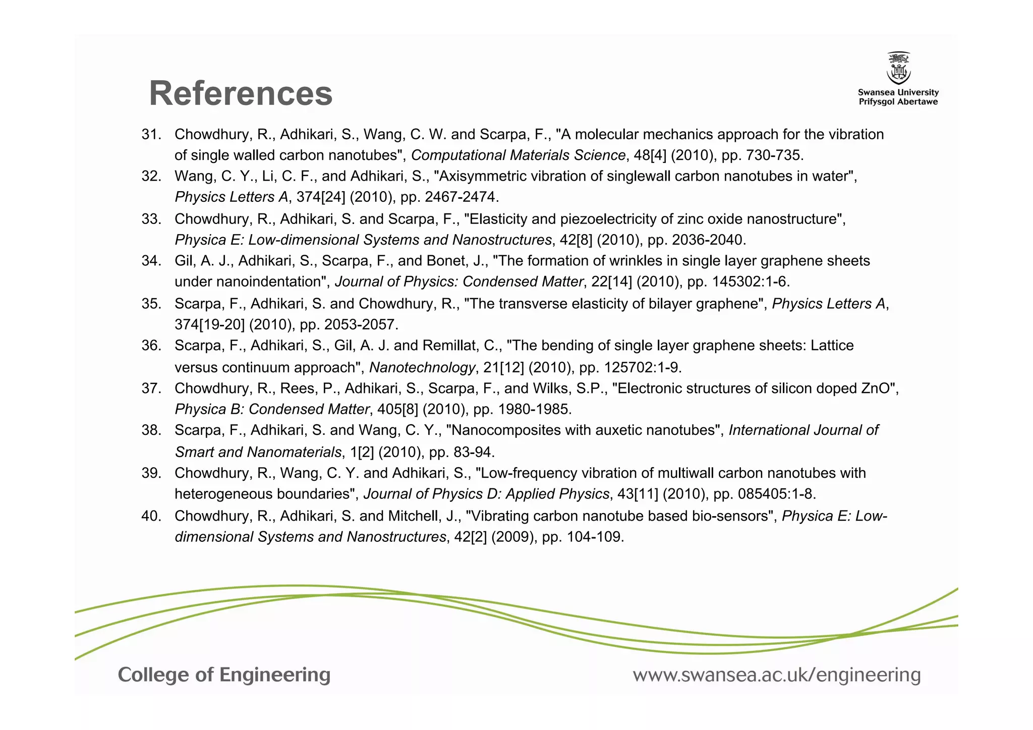 References
31.  Chowdhury, R., Adhikari, S., Wang, C. W. and Scarpa, F., "A molecular mechanics approach for the vibration
     of single walled carbon nanotubes", Computational Materials Science, 48[4] (2010), pp. 730-735.	
  
32.  Wang, C. Y., Li, C. F., and Adhikari, S., "Axisymmetric vibration of singlewall carbon nanotubes in water",
     Physics Letters A, 374[24] (2010), pp. 2467-2474.	
  
33.  Chowdhury, R., Adhikari, S. and Scarpa, F., "Elasticity and piezoelectricity of zinc oxide nanostructure",
     Physica E: Low-dimensional Systems and Nanostructures, 42[8] (2010), pp. 2036-2040.	
  
34.  Gil, A. J., Adhikari, S., Scarpa, F., and Bonet, J., "The formation of wrinkles in single layer graphene sheets
     under nanoindentation", Journal of Physics: Condensed Matter, 22[14] (2010), pp. 145302:1-6.	
  
35.  Scarpa, F., Adhikari, S. and Chowdhury, R., "The transverse elasticity of bilayer graphene", Physics Letters A,
     374[19-20] (2010), pp. 2053-2057.	
  
36.  Scarpa, F., Adhikari, S., Gil, A. J. and Remillat, C., "The bending of single layer graphene sheets: Lattice
     versus continuum approach", Nanotechnology, 21[12] (2010), pp. 125702:1-9.	
  
37.  Chowdhury, R., Rees, P., Adhikari, S., Scarpa, F., and Wilks, S.P., "Electronic structures of silicon doped ZnO",
     Physica B: Condensed Matter, 405[8] (2010), pp. 1980-1985.	
  
38.  Scarpa, F., Adhikari, S. and Wang, C. Y., "Nanocomposites with auxetic nanotubes", International Journal of
     Smart and Nanomaterials, 1[2] (2010), pp. 83-94.	
  
39.  Chowdhury, R., Wang, C. Y. and Adhikari, S., "Low-frequency vibration of multiwall carbon nanotubes with
     heterogeneous boundaries", Journal of Physics D: Applied Physics, 43[11] (2010), pp. 085405:1-8.	
  
40.  Chowdhury, R., Adhikari, S. and Mitchell, J., "Vibrating carbon nanotube based bio-sensors", Physica E: Low-
     dimensional Systems and Nanostructures, 42[2] (2009), pp. 104-109.	
  
 