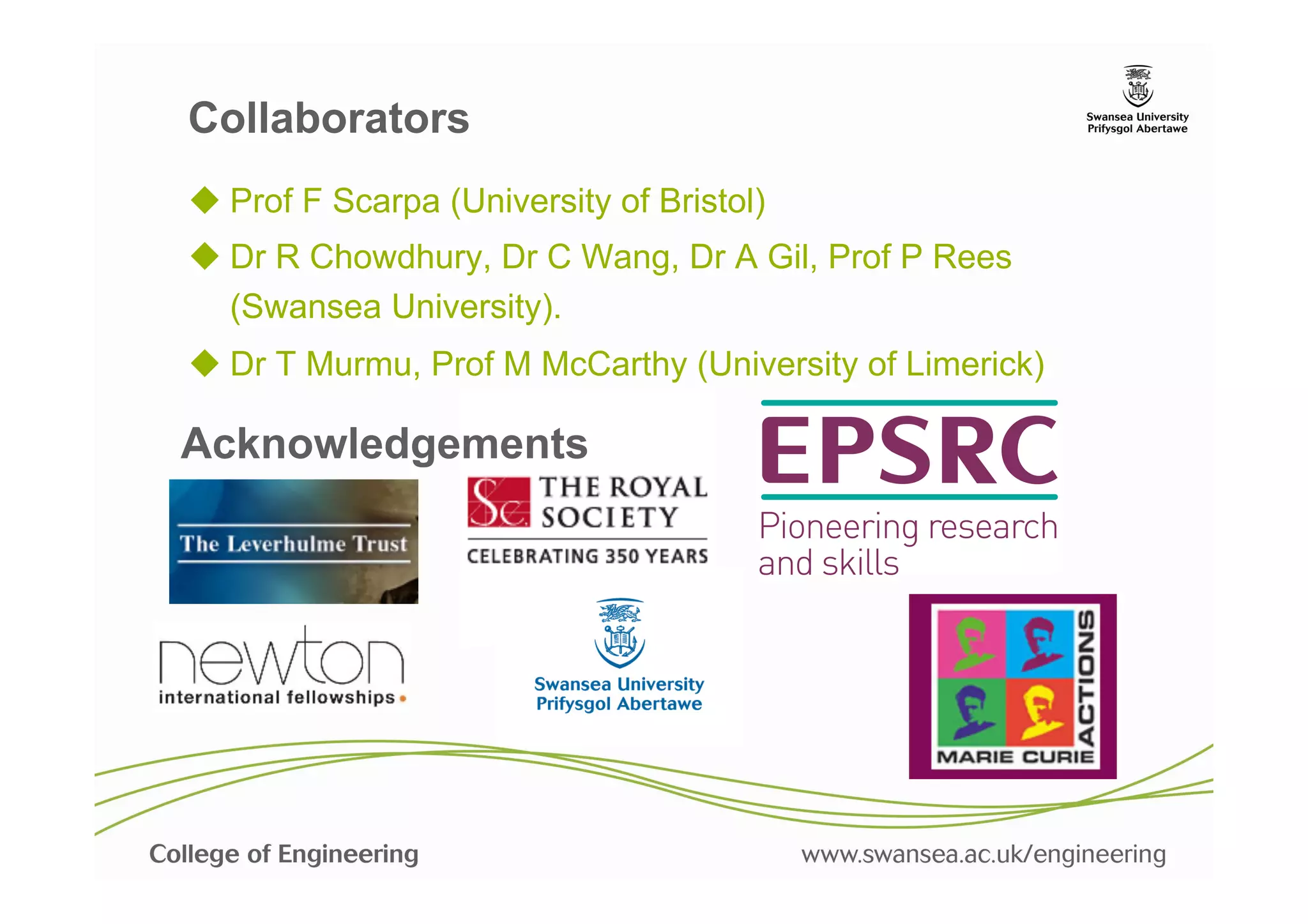 Collaborators
 u  Prof F Scarpa (University of Bristol)
 u  Dr R Chowdhury, Dr C Wang, Dr A Gil, Prof P Rees
     (Swansea University).
 u  Dr T Murmu, Prof M McCarthy (University of Limerick)

Acknowledgements	

       	

	

	

 