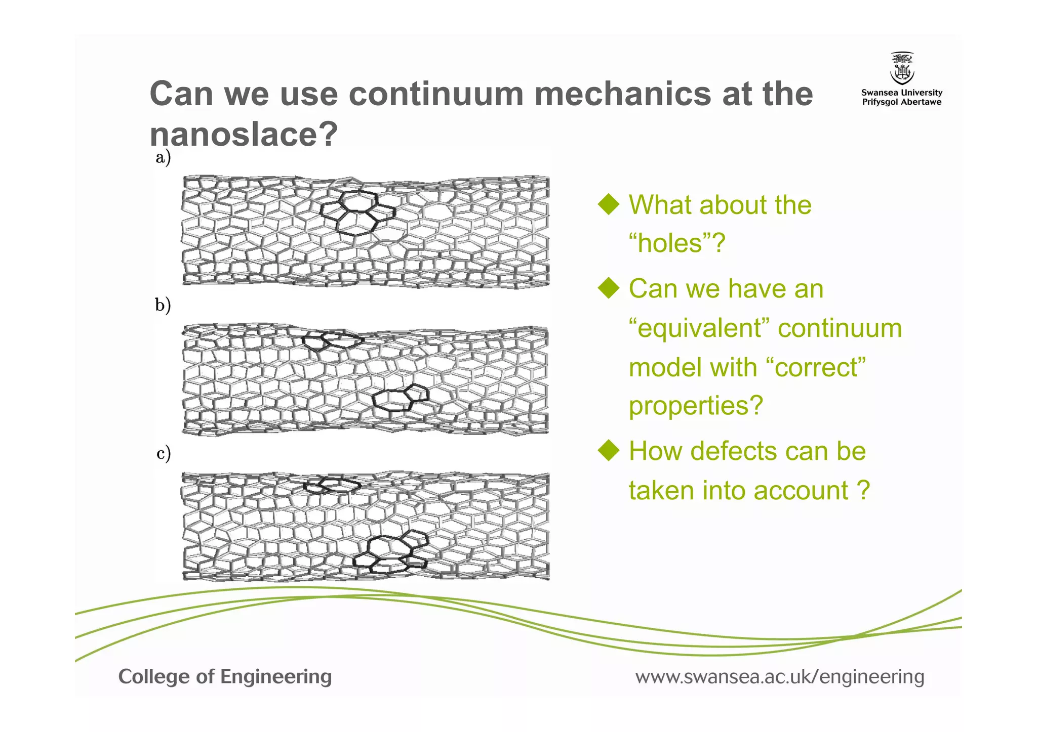 Can we use continuum mechanics at the
nanoslace?
                        u  What about the
                            “holes”?
                        u  Can we have an
                            “equivalent” continuum
                            model with “correct”
                            properties?
                        u  How defects can be
                            taken into account ?
 