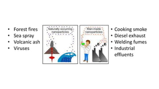 • Forest fires
• Sea spray
• Volcanic ash
• Viruses
• Cooking smoke
• Diesel exhaust
• Welding fumes
• Industrial
effluents
 