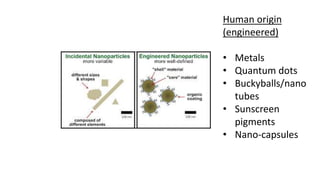 Human origin
(engineered)
• Metals
• Quantum dots
• Buckyballs/nano
tubes
• Sunscreen
pigments
• Nano-capsules
 