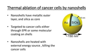 Thermal ablation of cancer cells by nanoshells
• Nanoshells have metallic outer
layer, and silica as core
• Targeted to cancer cells either
through EPR or some molecular
coating on shells
• Nanoshells are heated with
external energy source , killing the
cancer cells
 
