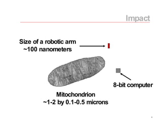Impact Mitochondrion ~1-2 by 0.1-0.5 microns Size of a robotic arm ~100 nanometers 8-bit computer 