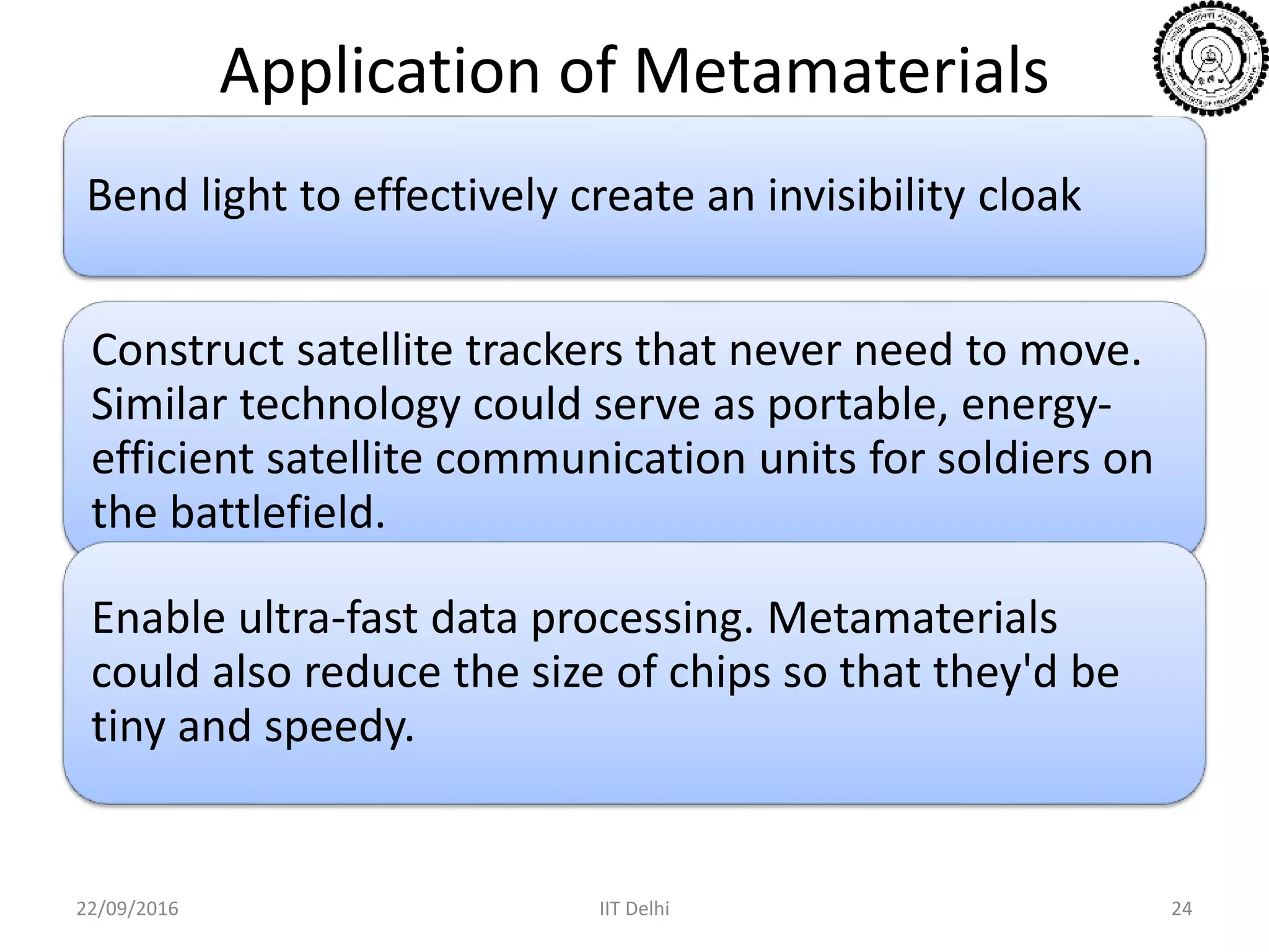 Application of Metamaterials
Bend light to effectively create an invisibility cloak
Construct satellite trackers that never need to move.
Similar technology could serve as portable, energy-
efficient satellite communication units for soldiers on
the battlefield.
Enable ultra-fast data processing. Metamaterials
could also reduce the size of chips so that they'd be
tiny and speedy.
22/09/2016 IIT Delhi 24
 
