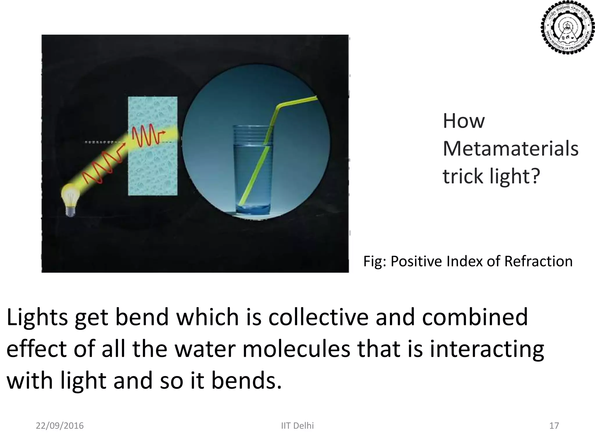 22/09/2016 IIT Delhi 17
How
Metamaterials
trick light?
Lights get bend which is collective and combined
effect of all the water molecules that is interacting
with light and so it bends.
Fig: Positive Index of Refraction
 