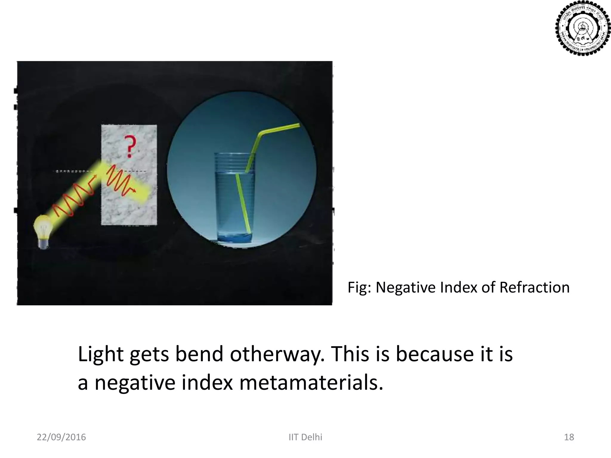 22/09/2016 IIT Delhi 18
Fig: Negative Index of Refraction
Light gets bend otherway. This is because it is
a negative index metamaterials.
 