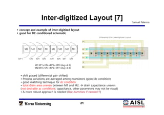 21
• shift placed (differential pair shifted)
• Process variations are averaged among transistors (good dc condition)
• good matching technique for dc condition
• total drain area uneven between M1 and M2.  drain capacitance uneven
(not desirable ac conditions: capacitance, other parameters may not be equal)
• A more robust approach is needed (Use dummies if needed !!)
Inter-digitized Layout [7]
M1:KP1+KP4+KP5+KP8 (Avg=4.5)
M2:KP2+KP3+KP6+KP7 (Avg=4.5)
Samuel Palermo
 concept and example of inter-digitized layout
 good for DC conditioned schematic
 