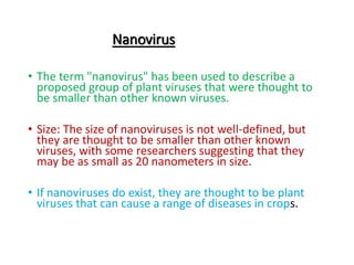 Nanovirus
• The term "nanovirus" has been used to describe a
proposed group of plant viruses that were thought to
be smaller than other known viruses.
• Size: The size of nanoviruses is not well-defined, but
they are thought to be smaller than other known
viruses, with some researchers suggesting that they
may be as small as 20 nanometers in size.
• If nanoviruses do exist, they are thought to be plant
viruses that can cause a range of diseases in crops.
 
