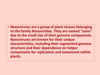 • Nanoviruses are a group of plant viruses belonging
to the family Nanoviridae. They are named "nano"
due to the small size of their genome components.
Nanoviruses are known for their unique
characteristics, including their segmented genome
structure and their dependence on helper
components for replication and movement within
plants.
 