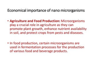 Economical importance of nano microrganisms
• Agriculture and Food Production: Microorganisms
play a crucial role in agriculture as they can
promote plant growth, enhance nutrient availability
in soil, and protect crops from pests and diseases.
• In food production, certain microorganisms are
used in fermentation processes for the production
of various food and beverage products.
 