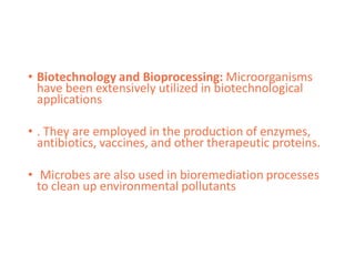 • Biotechnology and Bioprocessing: Microorganisms
have been extensively utilized in biotechnological
applications
• . They are employed in the production of enzymes,
antibiotics, vaccines, and other therapeutic proteins.
• Microbes are also used in bioremediation processes
to clean up environmental pollutants
 
