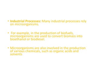 • Industrial Processes: Many industrial processes rely
on microorganisms.
• For example, in the production of biofuels,
microorganisms are used to convert biomass into
bioethanol or biodiesel.
• Microorganisms are also involved in the production
of various chemicals, such as organic acids and
solvents
 